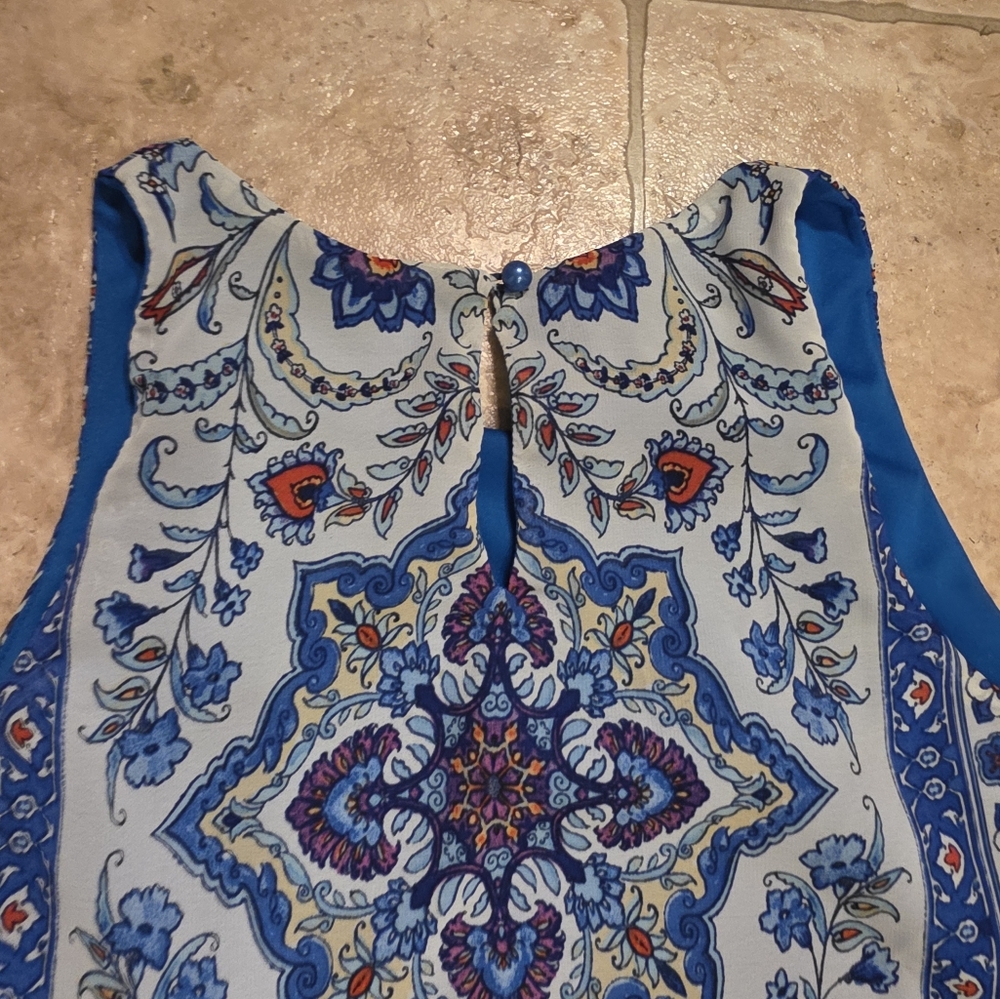 A. BYER Blue Floral Pattern Dress Size Medium Solid Blue Slip Underneath - Picture 3 of 5